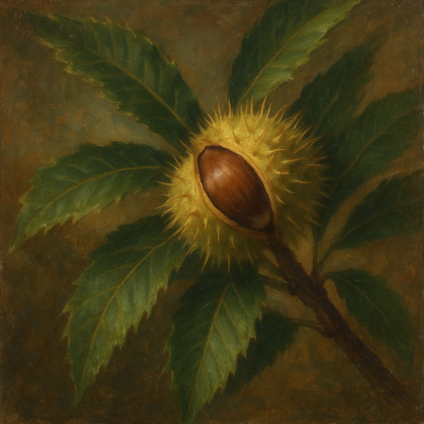 Die Frucht einer Edelkastanie; Öl auf Leinwand.
